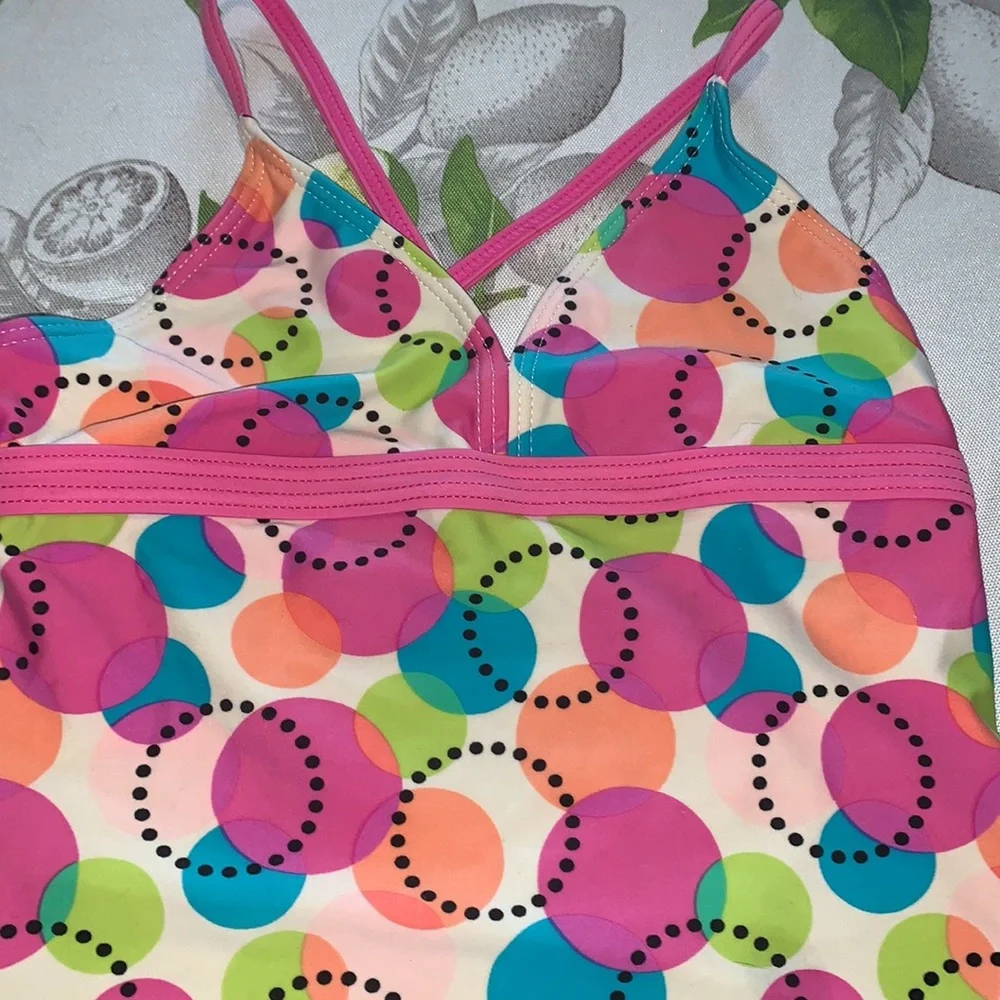 2 pc Cute pink polka dot circle girls tankini Size 8/10 EUC
